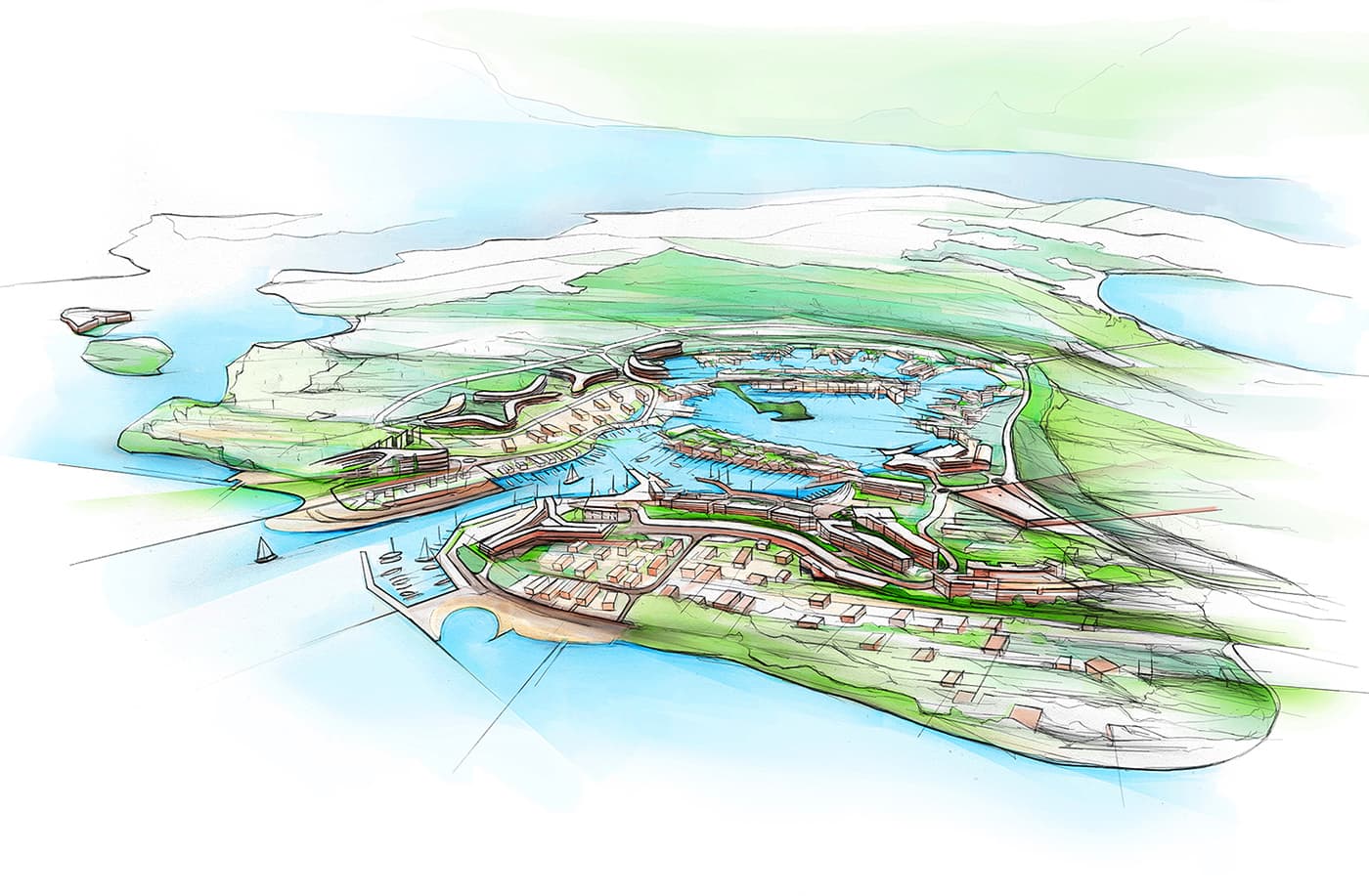 Panoramic architectural sketch of coastal resort and marina