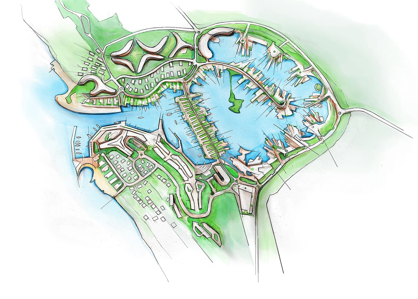 Coastal resort masterplan map sketch with marina