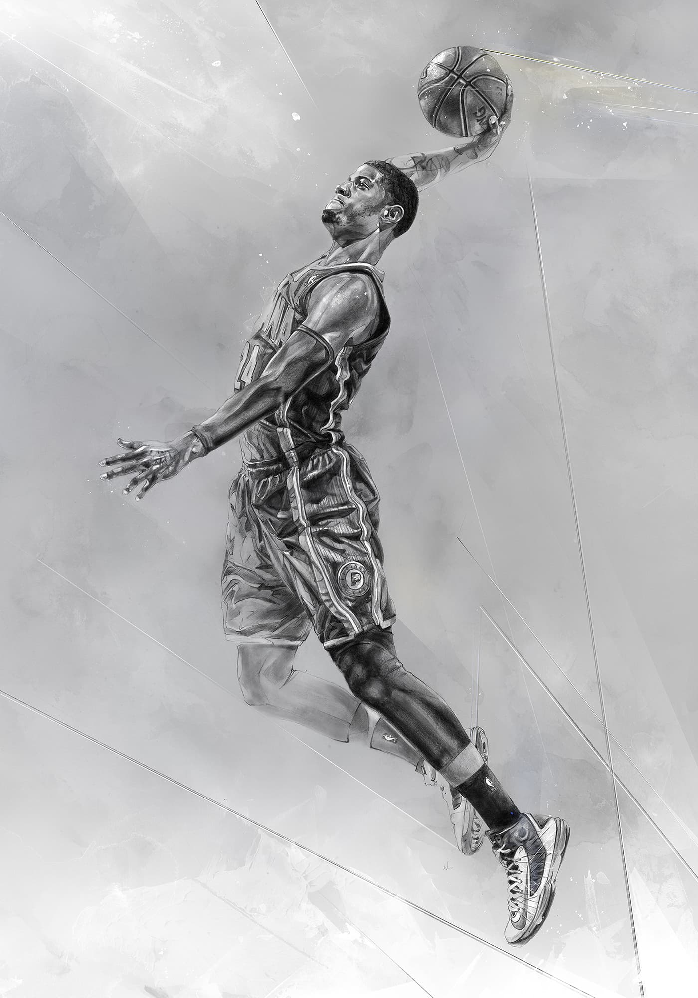 Paul George in an Indiana Pacers uniform, leaping with one arm extended overhead holding a basketball, in a monochromatic illustration with abstract textures and fine geometric lines.