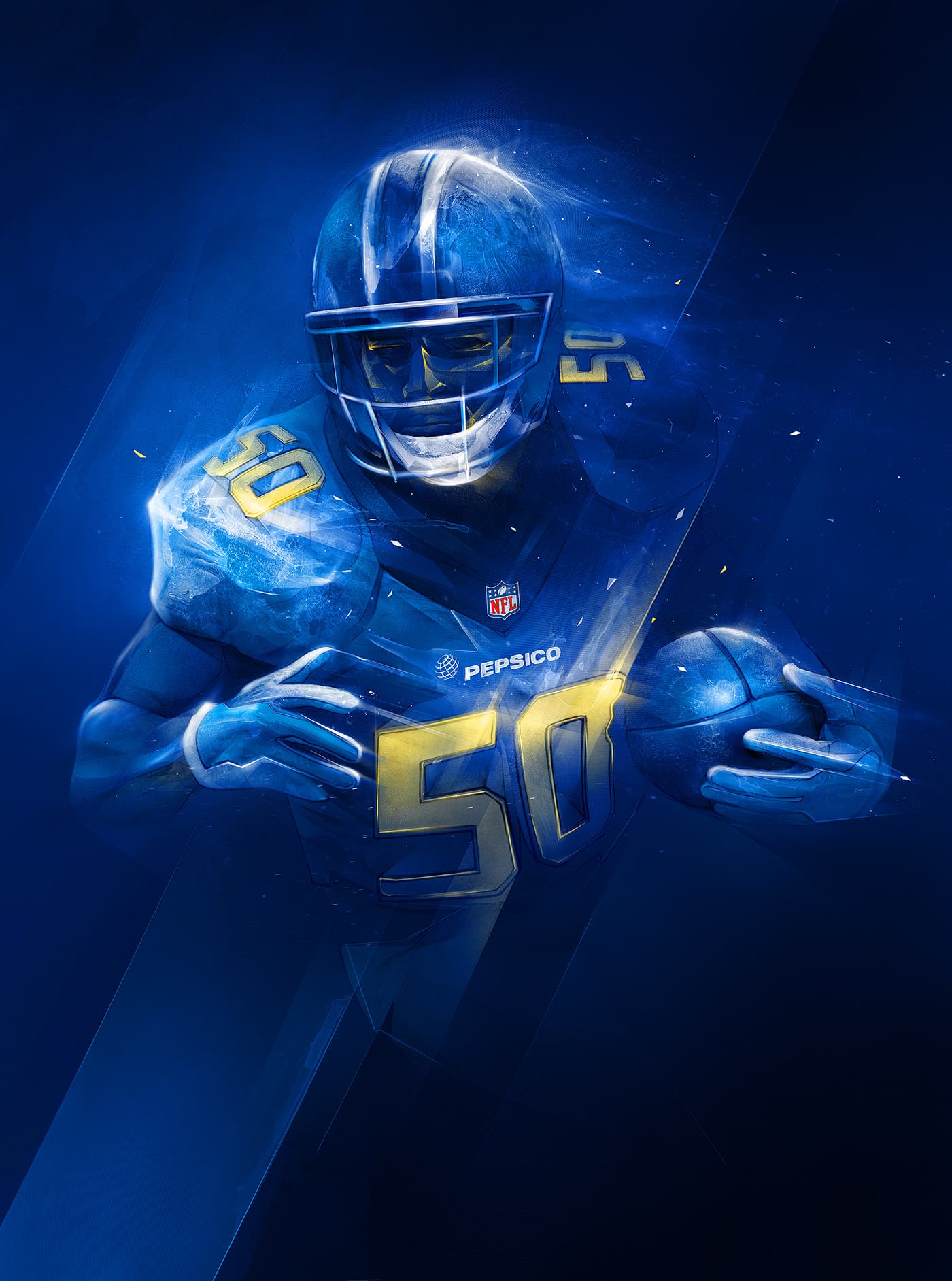 American football player in blue uniform holding a football