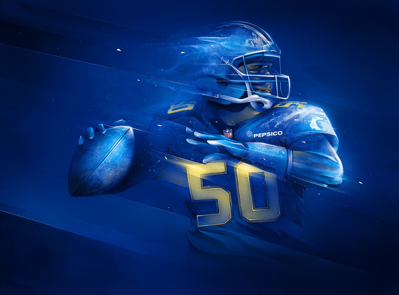 Blue football illustration with player carrying a ball