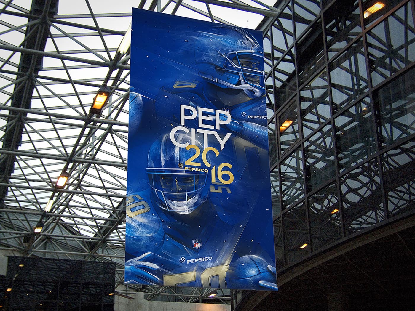 Pep City 2016 banner displayed inside a stadium concourse
