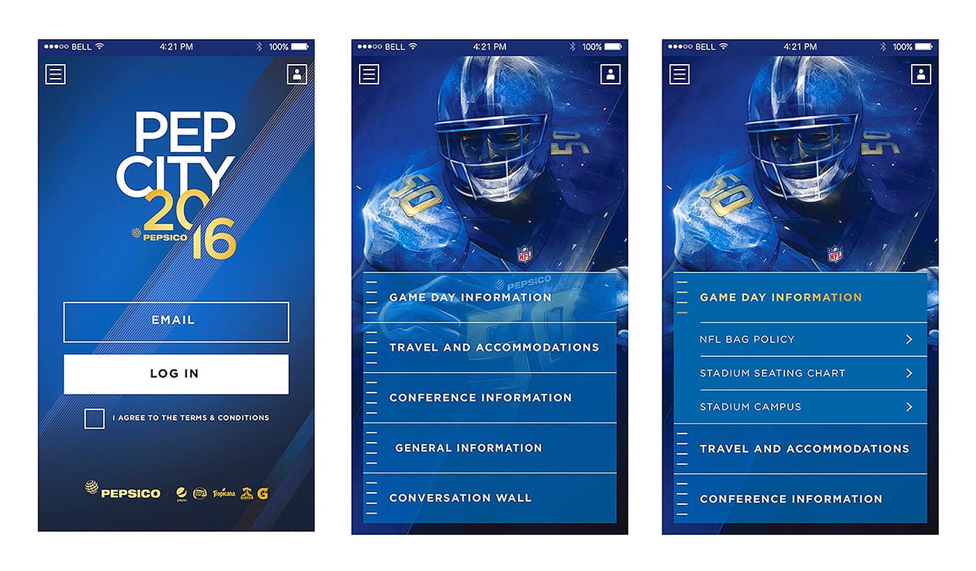 Pep City 2016 mobile app interface screens
