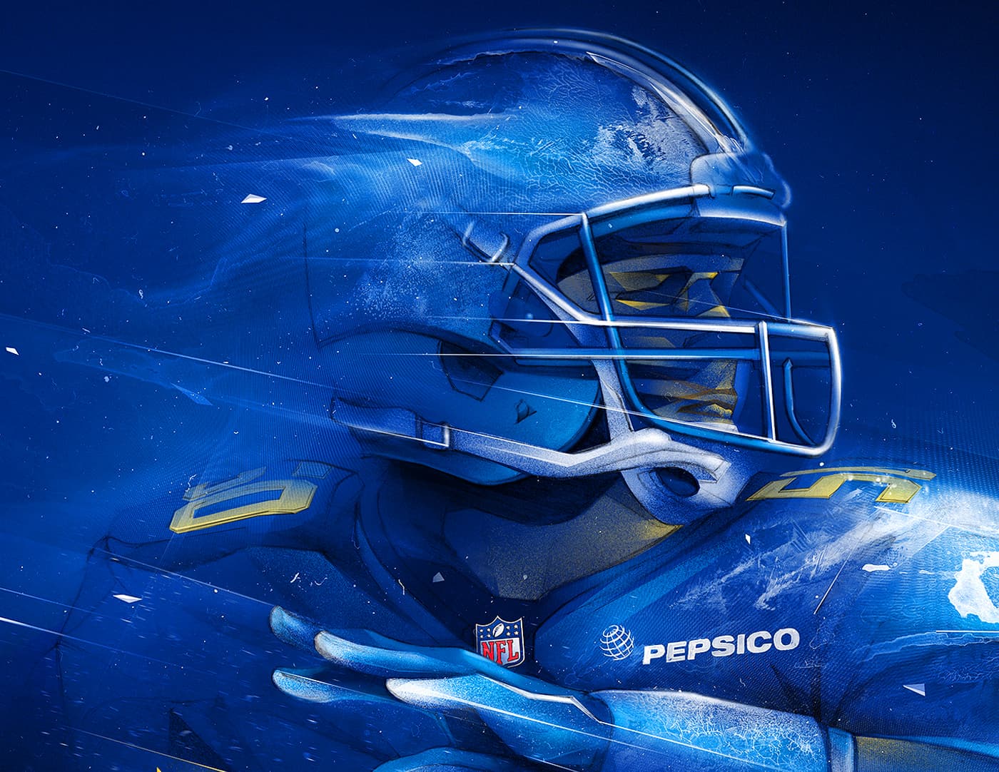 Close-up of blue football player helmet and shoulders