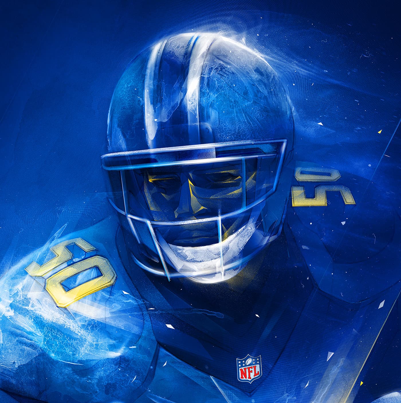 Close-up of football player helmet in blue illustration
