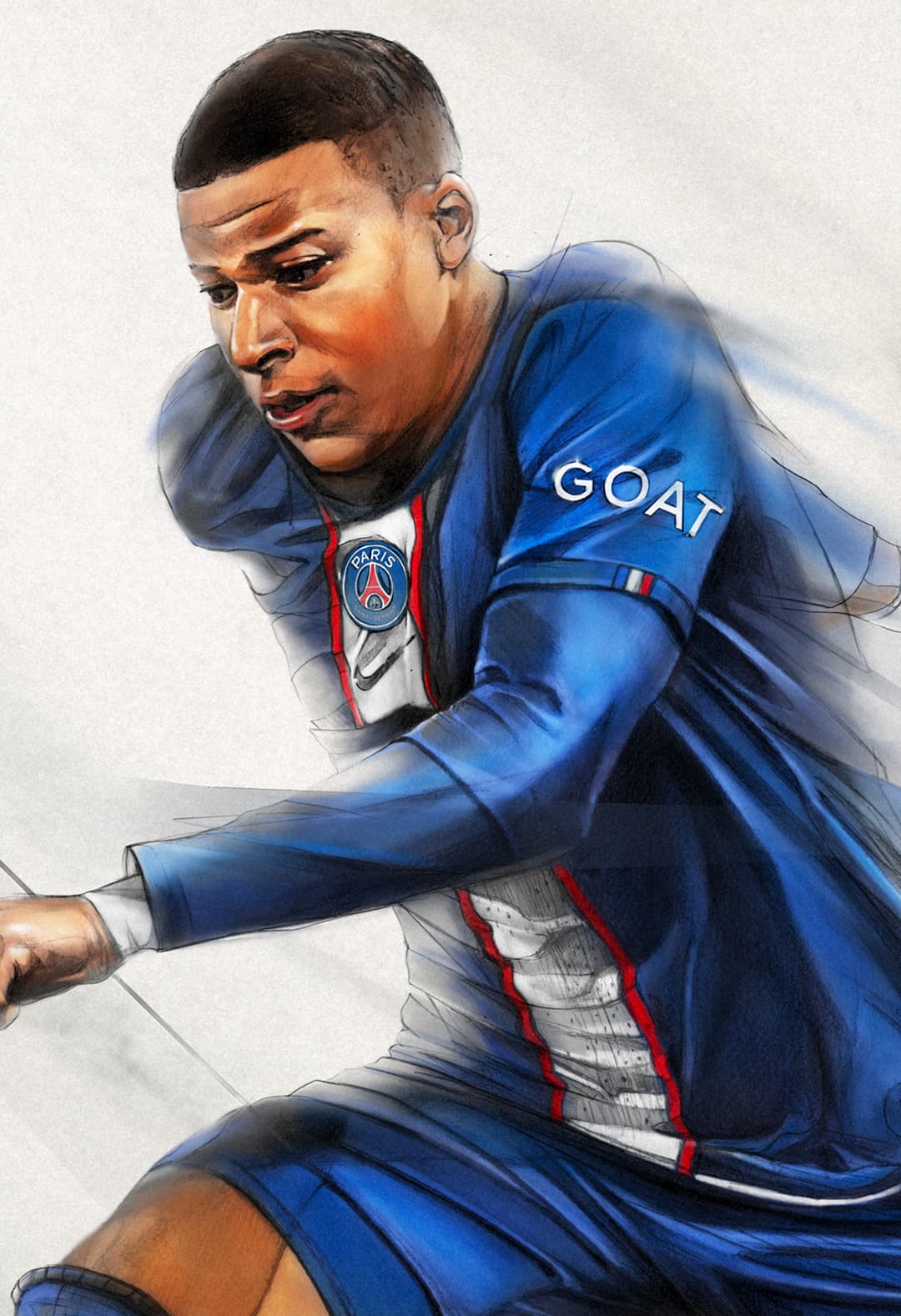 Close-up illustration of a Paris Saint-Germain footballer in motion, showing his face and blue kit.