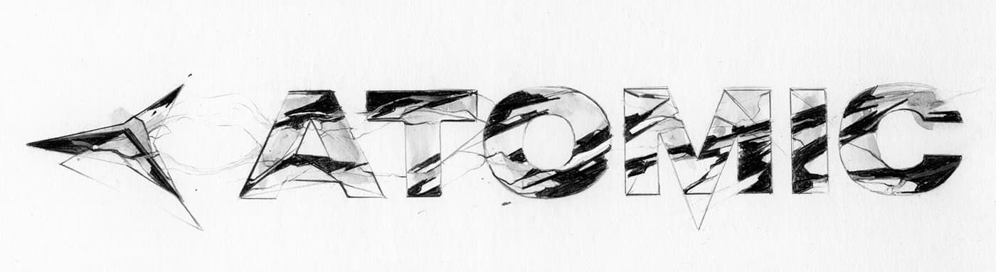 Early pencil draft of the Atomic logo and wordmark with marble-style veining for the Atomic Infamous ski graphic