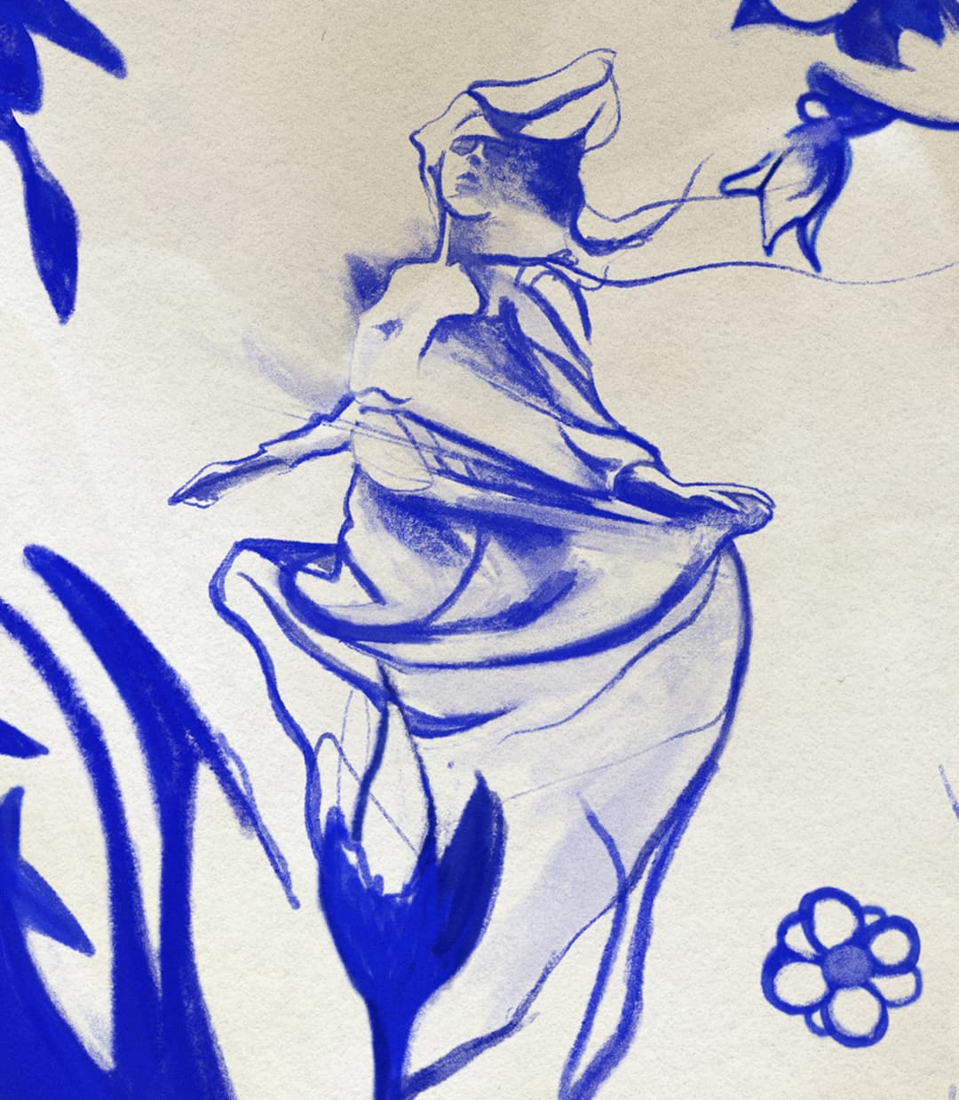 Blue sketch of a woman floating in water surrounded by floral and organic forms on textured paper
