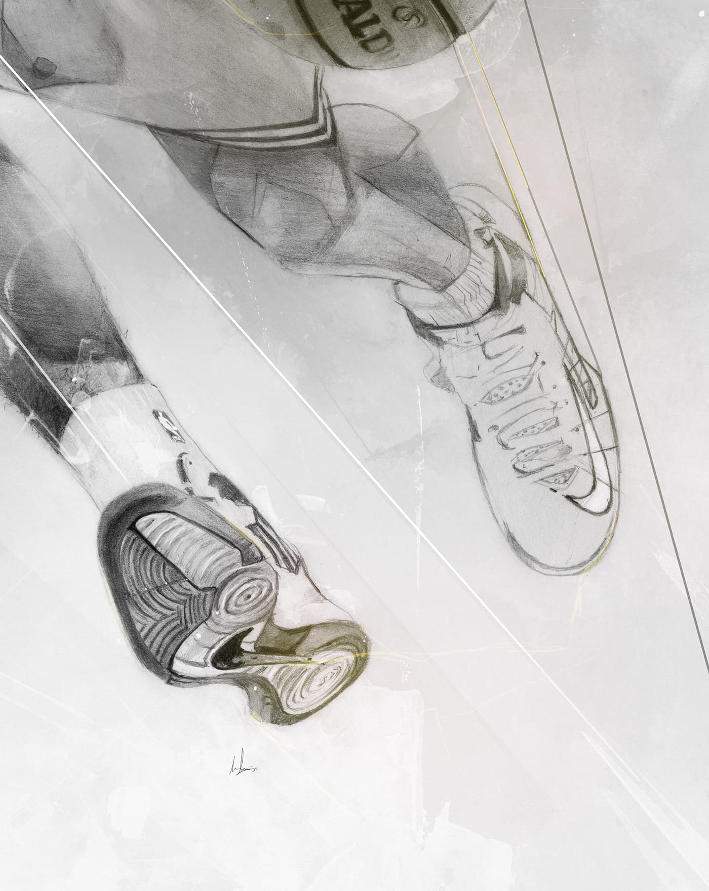 Close-up of Kyrie Irving’s basketball illustration, showing the detailed pencil rendering of his Nike basketball shoes, with abstract textures and fine geometric lines.