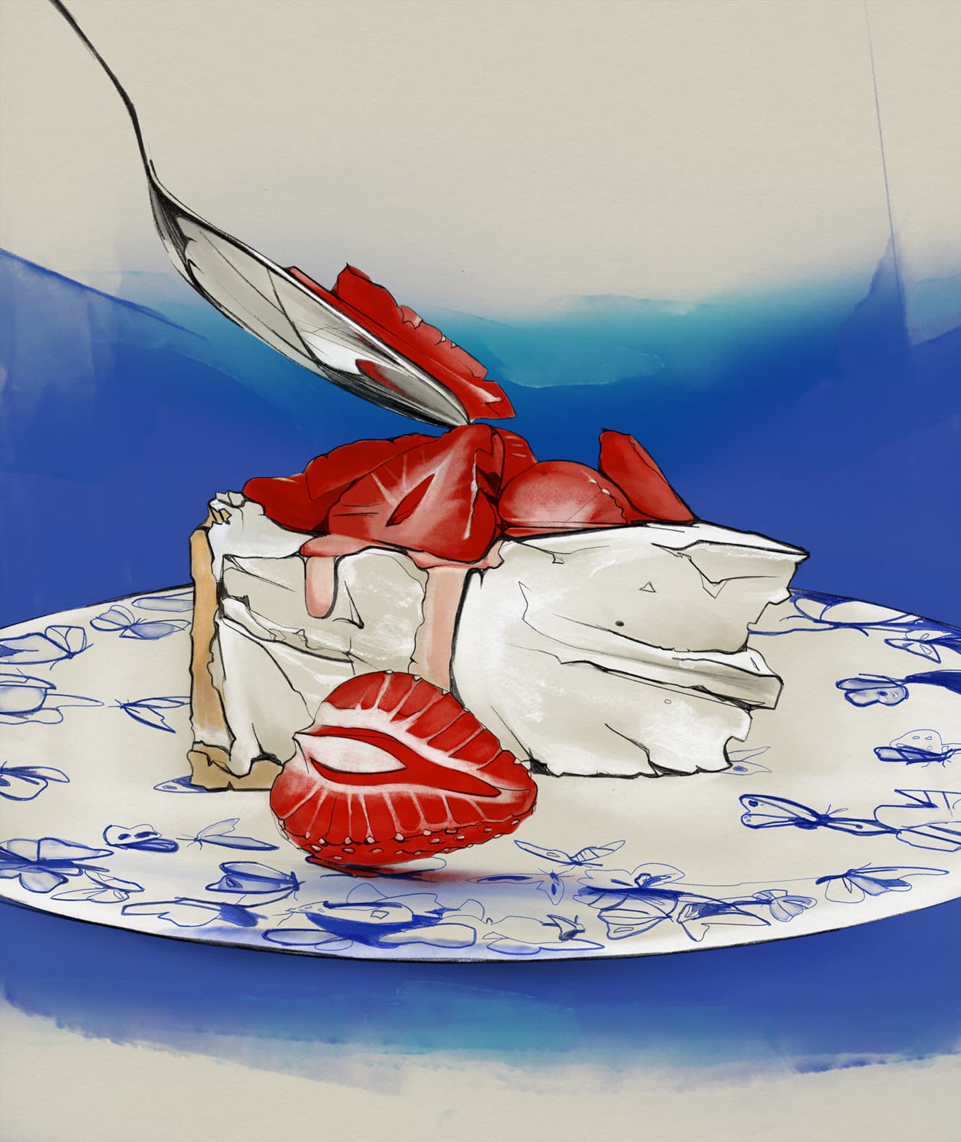Strawberry cheesecake on Willow-pattern porcelain