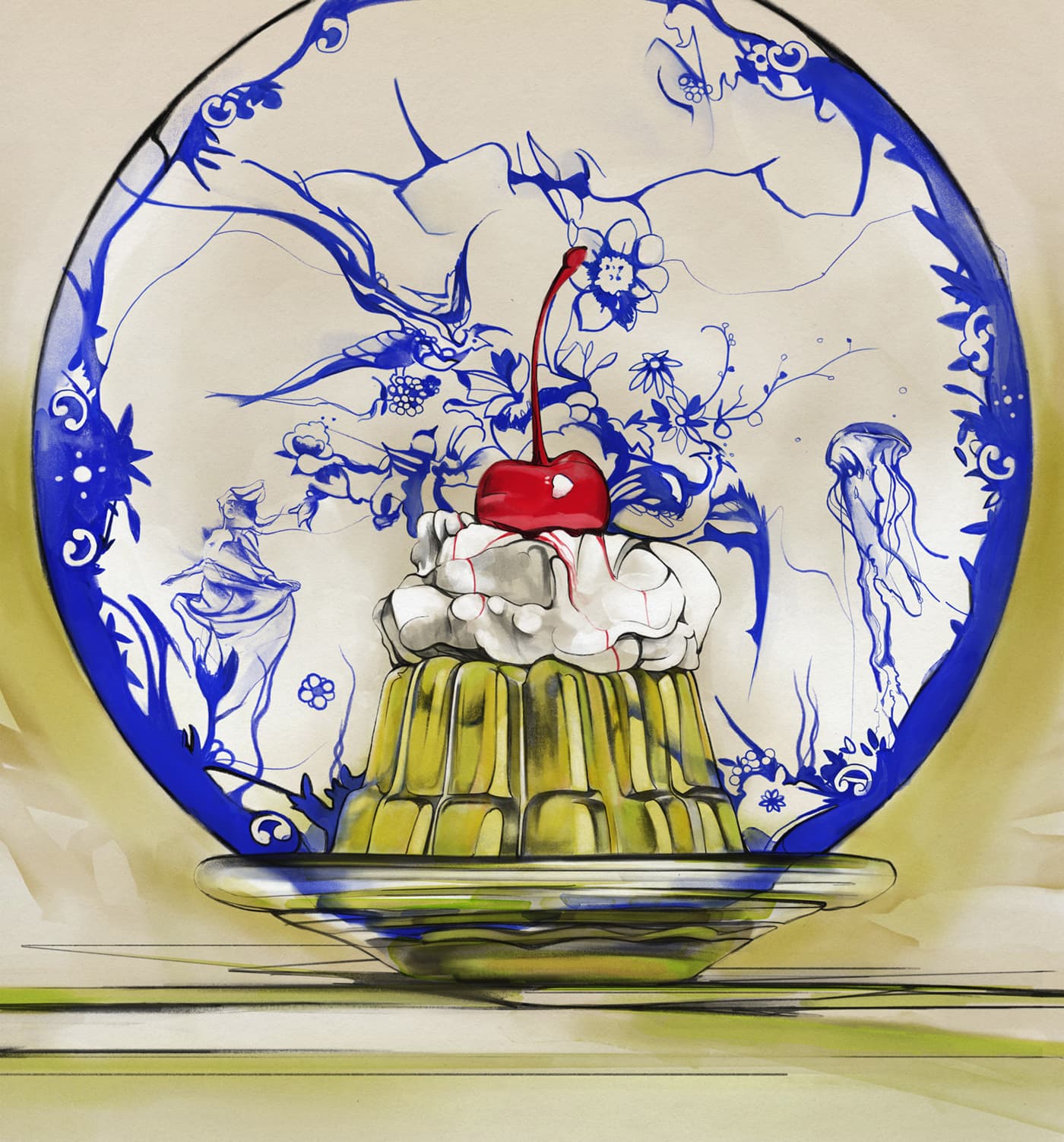 Cherry jelly dessert on blue porcelain
