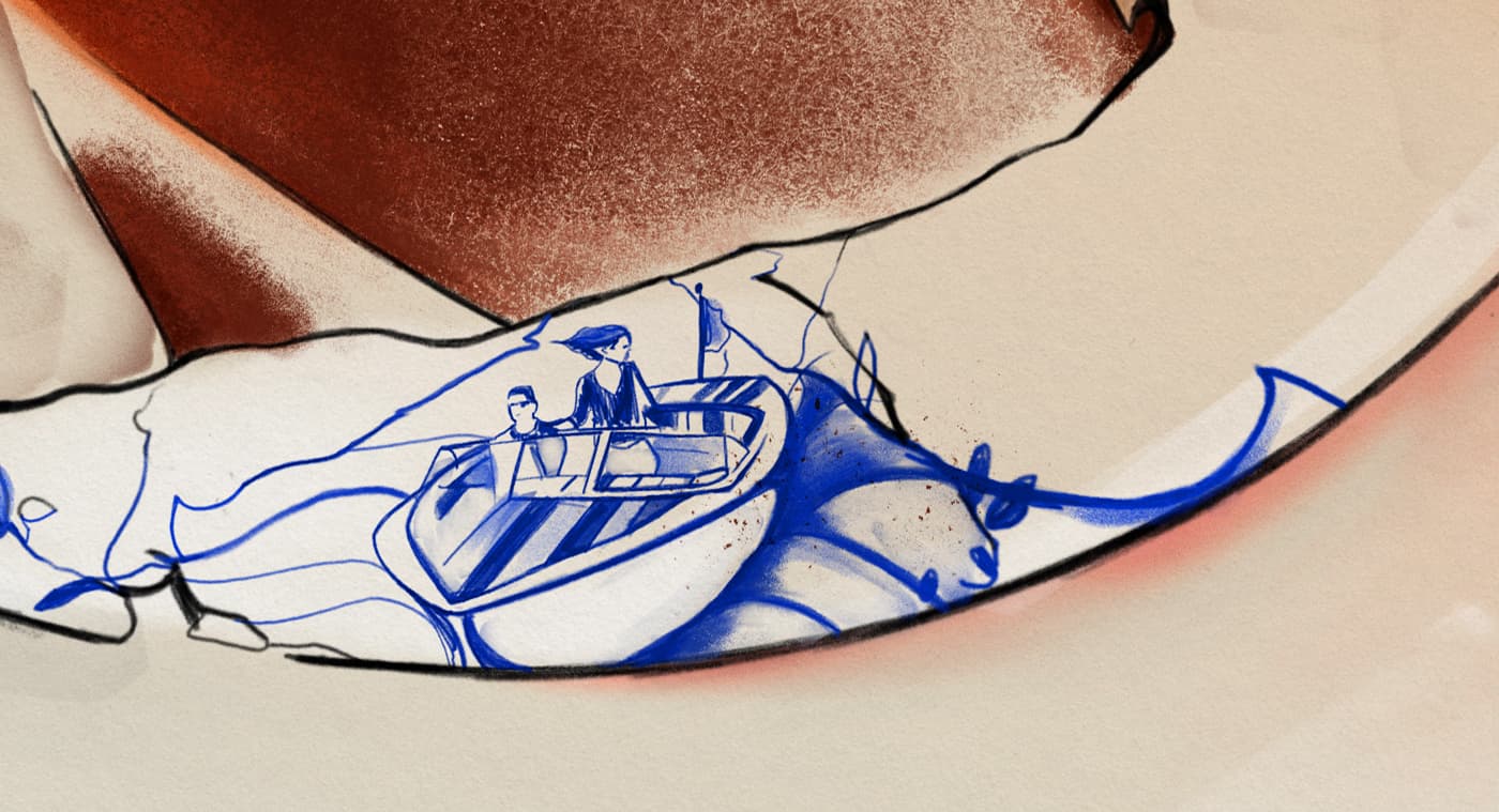 Blue porcelain linework with figures in a boat