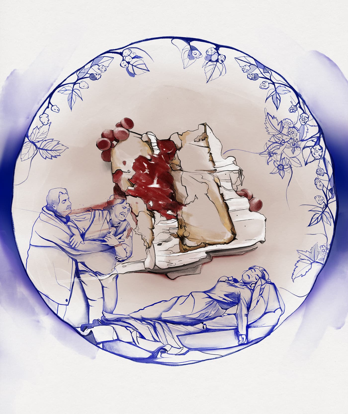 Sponge cake surrounded by blue porcelain scenes