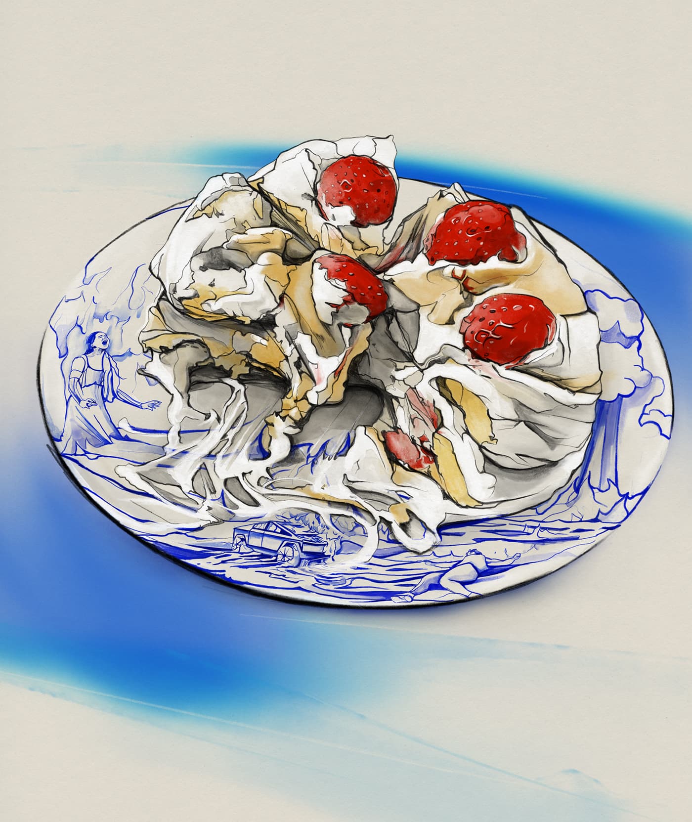 Strawberry dessert with hidden porcelain scenes