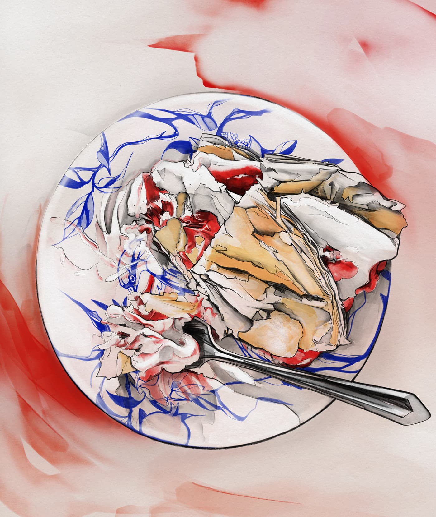 Partly eaten dessert on a porcelain plate
