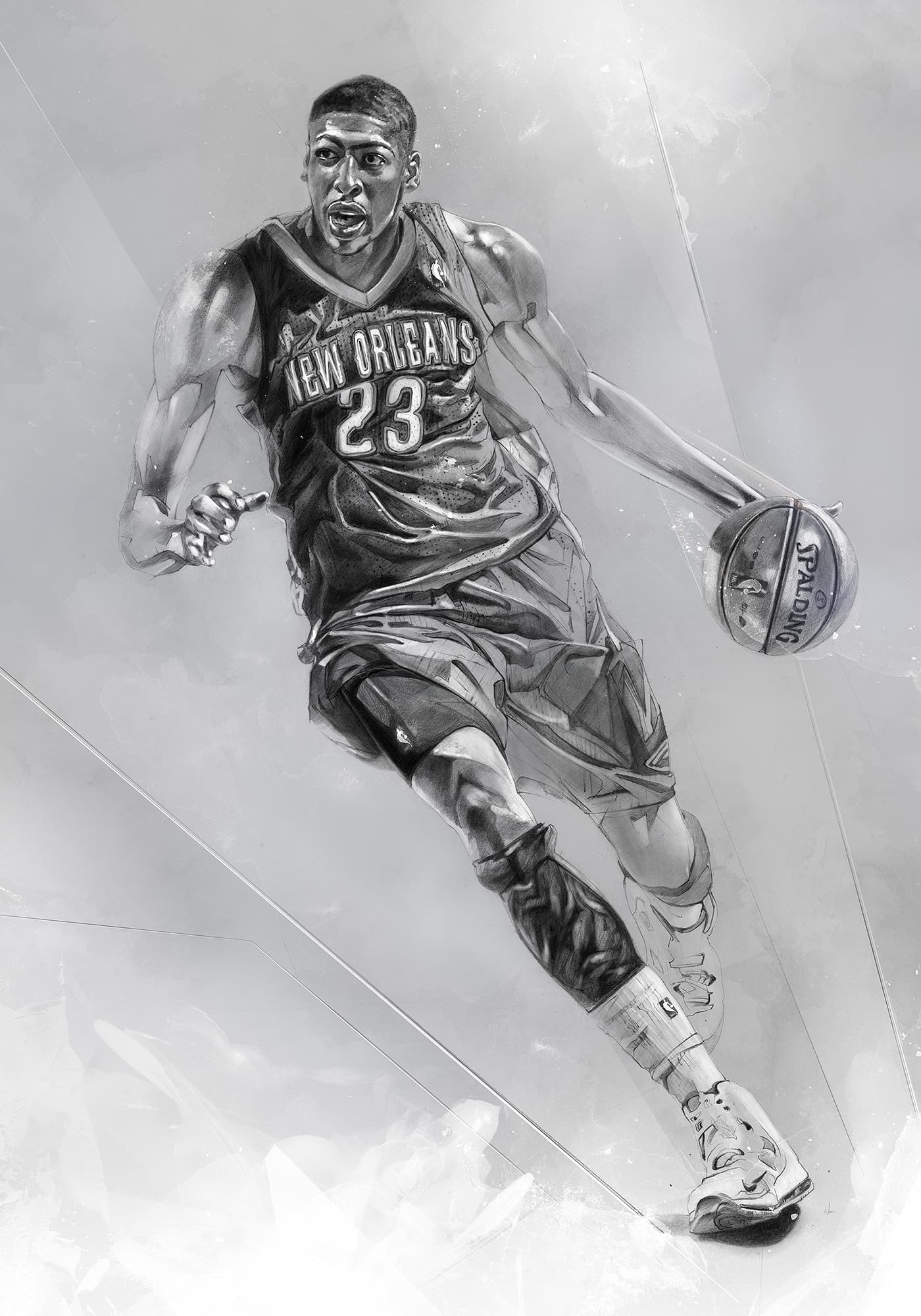 Anthony Davis in a New Orleans Pelicans uniform, dribbling a basketball while moving forward, in a monochromatic illustration with abstract textures and fine geometric lines.