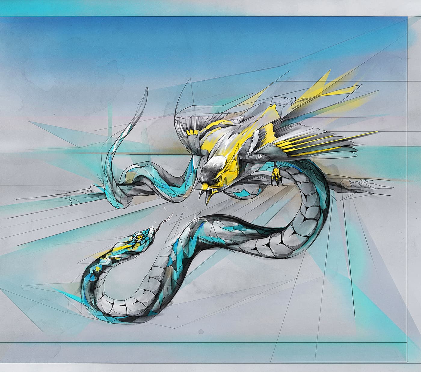 Bird attacking snake in abstract composition