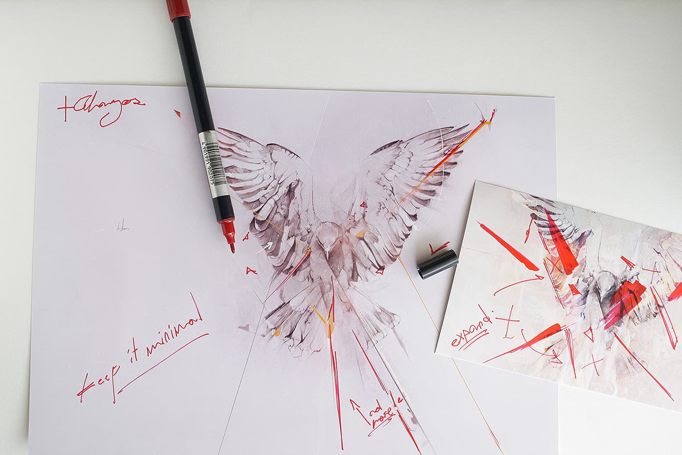 Bird illustration print with red marker notes and pencil on table