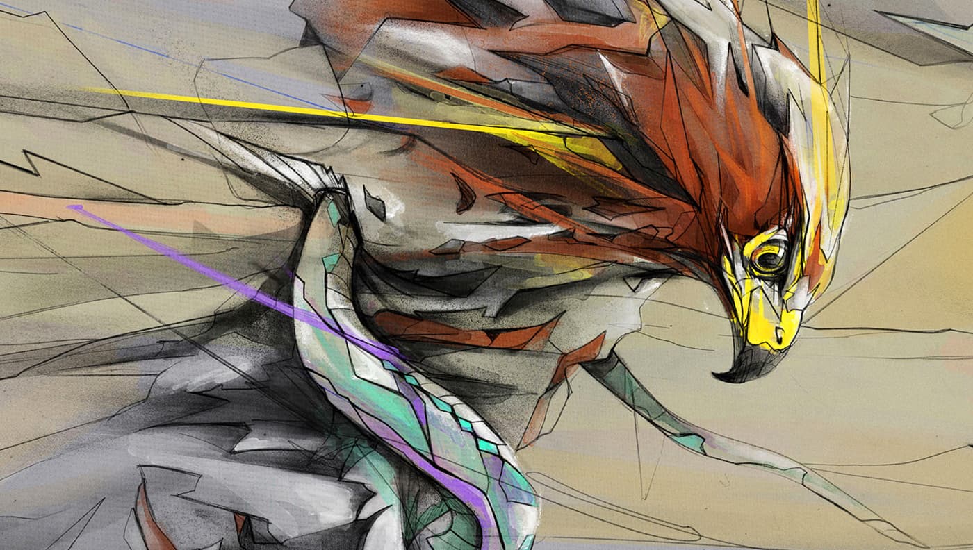 Bird attacking snake in abstract composition close up