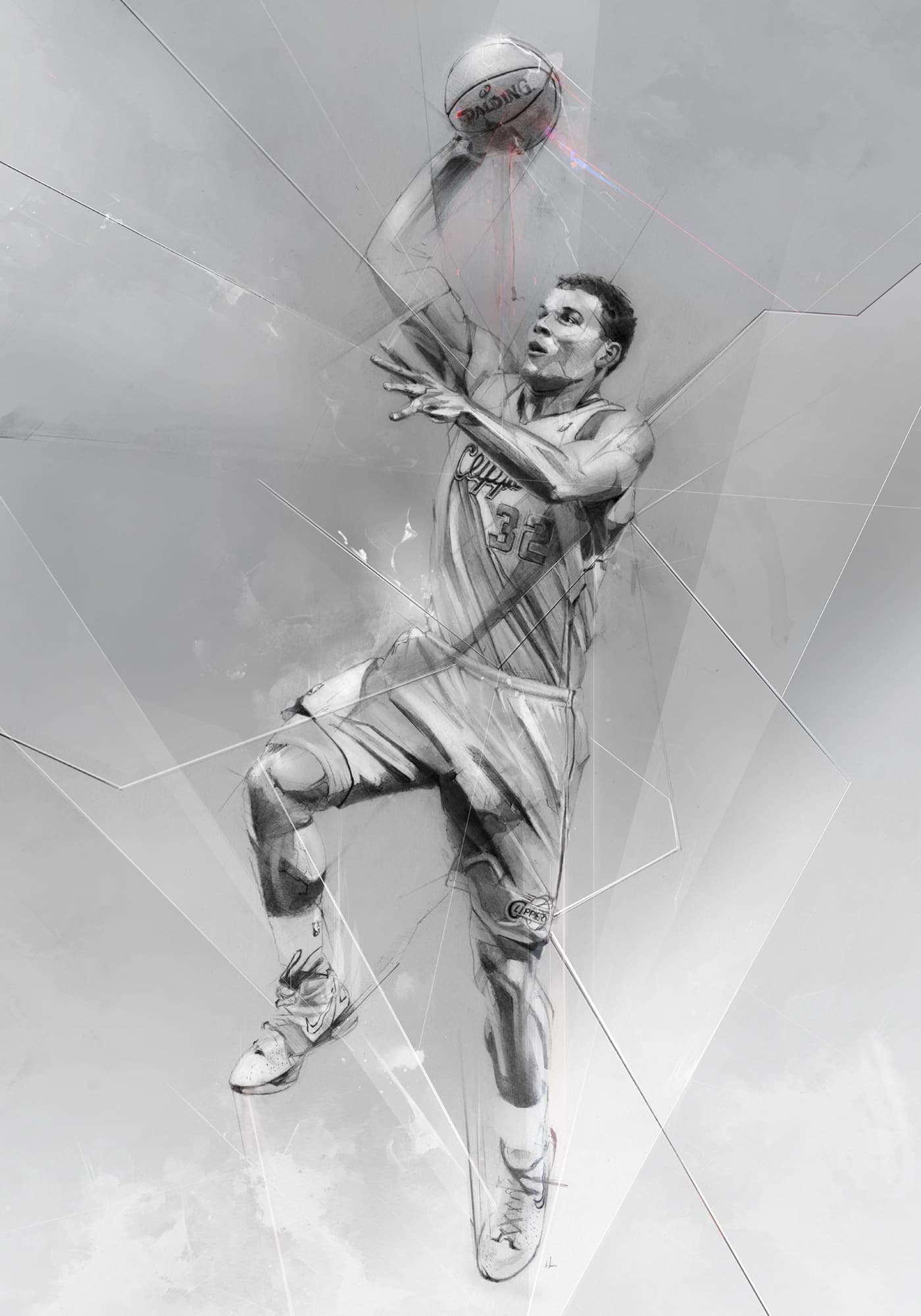 Blake Griffin in a Los Angeles Clippers uniform, leaping with a basketball raised overhead, in a monochromatic illustration featuring abstract textures and fine geometric lines.