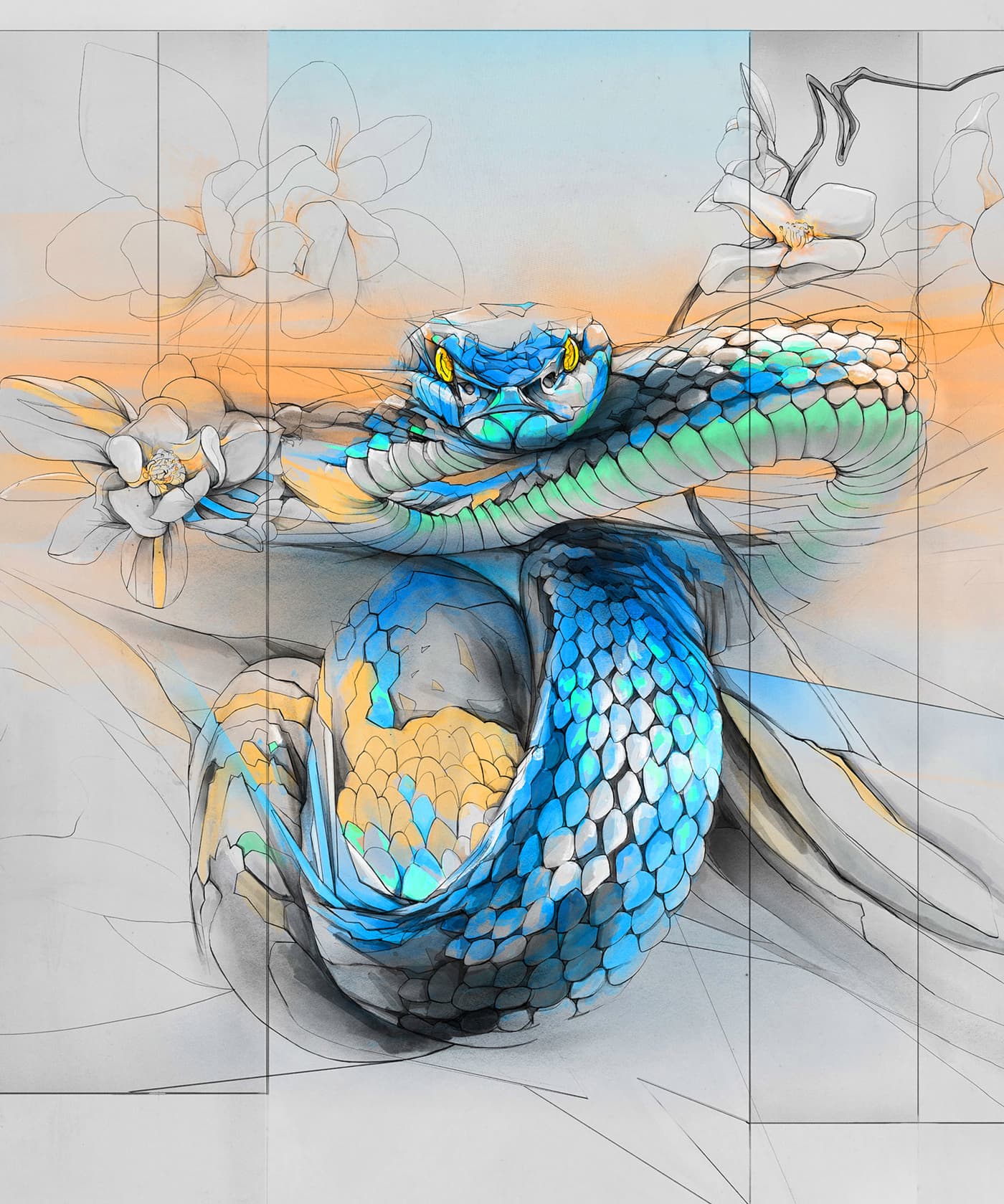 Blue snake coiled around flowers in abstract scene