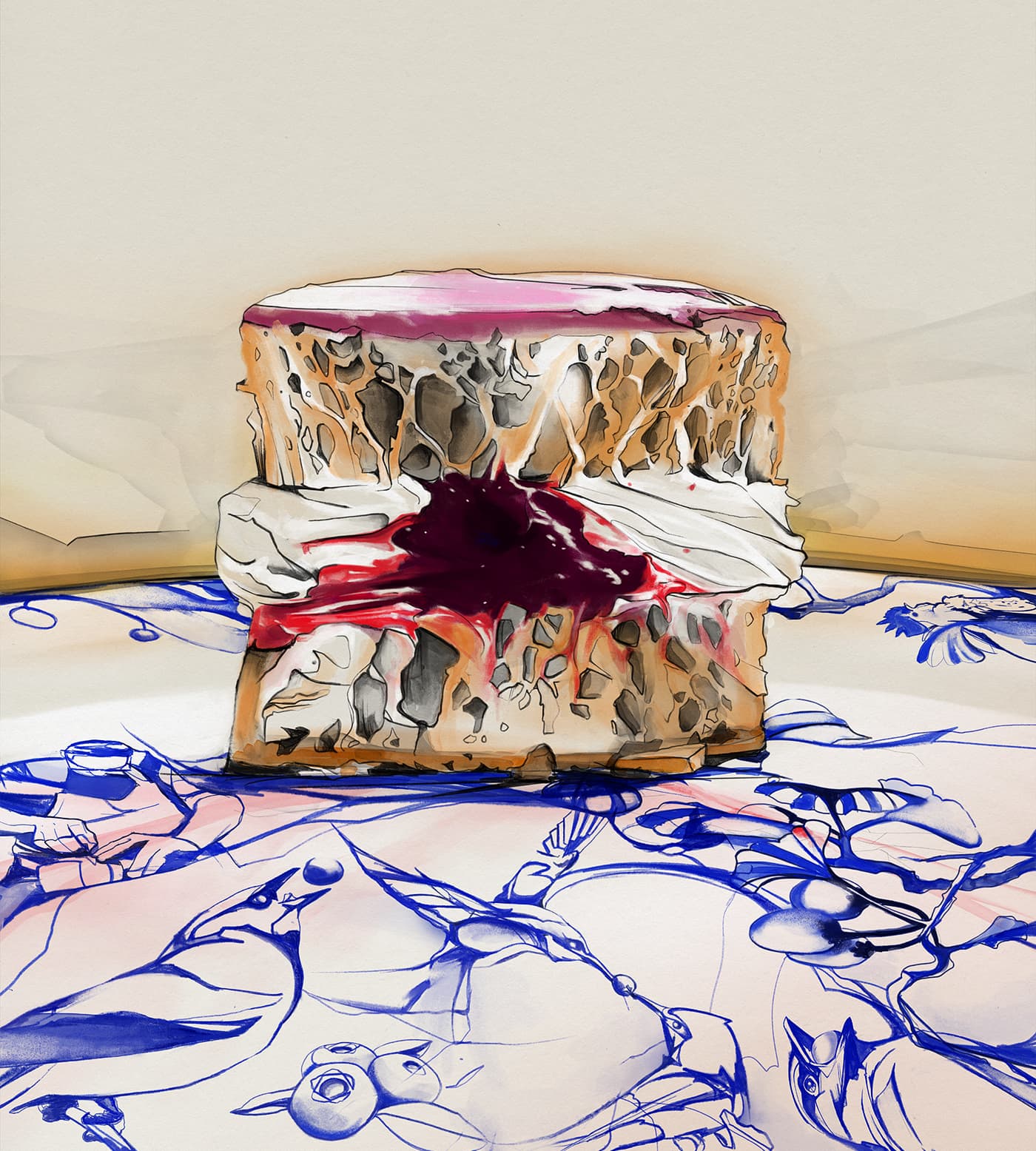 Section of a croissant bun with jam in the middle with blue ornamental drawings