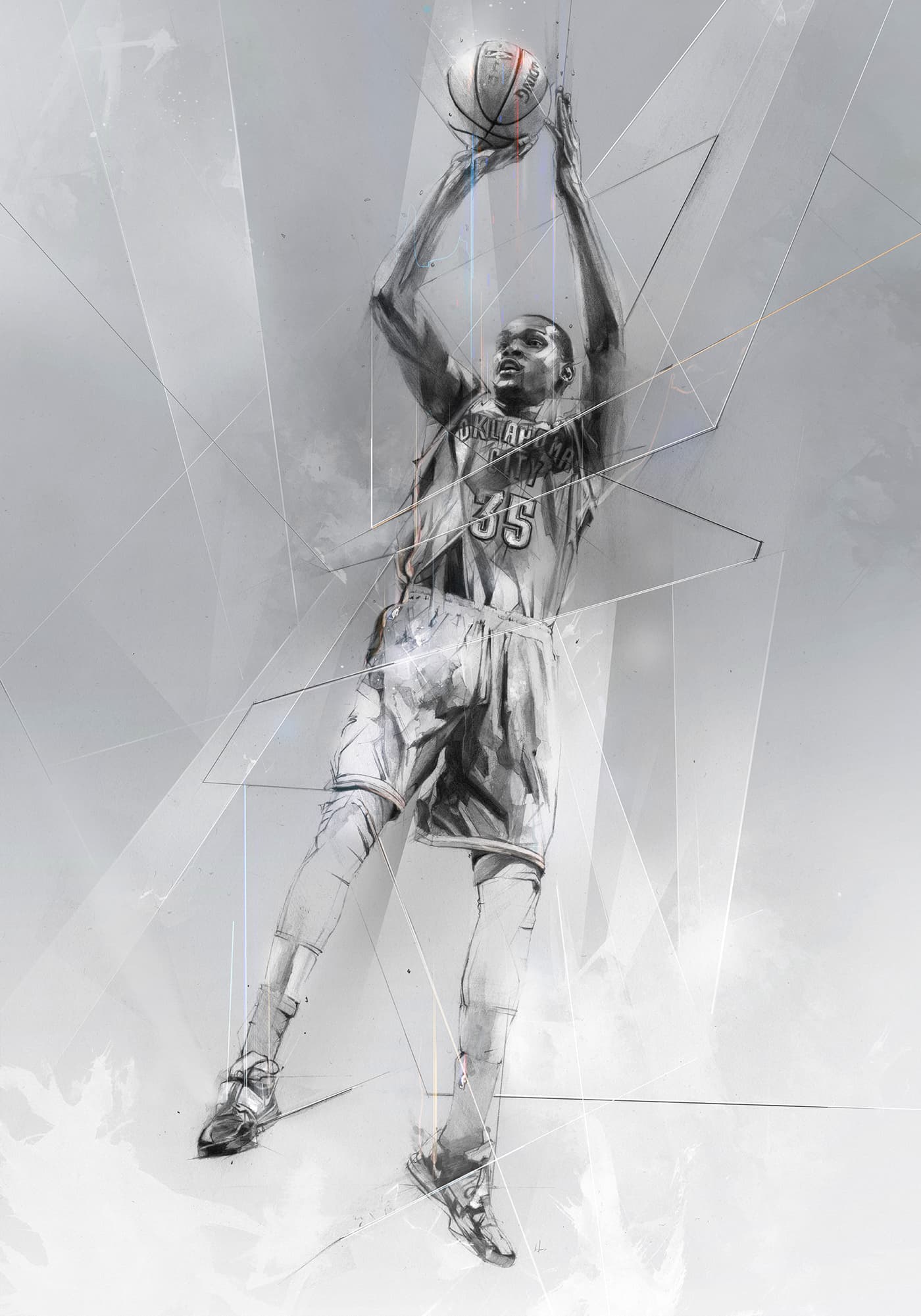 Kevin Durant in an Oklahoma City Thunder uniform, jumping with both arms raised to shoot a basketball, in a monochromatic illustration with abstract textures and fine geometric lines.