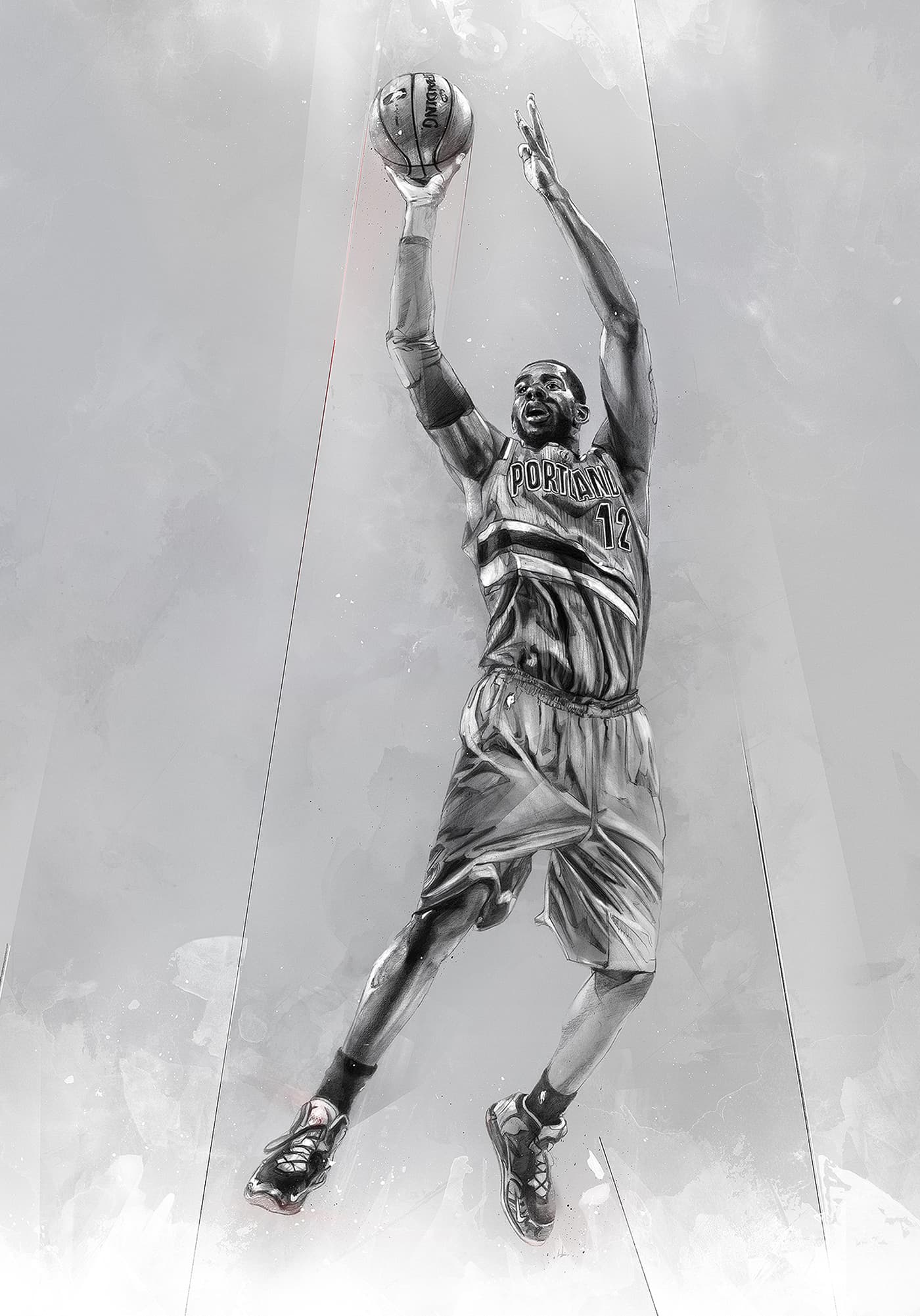 LaMarcus Aldridge in a Portland Trail Blazers uniform, leaping with a basketball raised overhead, in a monochromatic illustration with abstract textures and fine geometric lines.