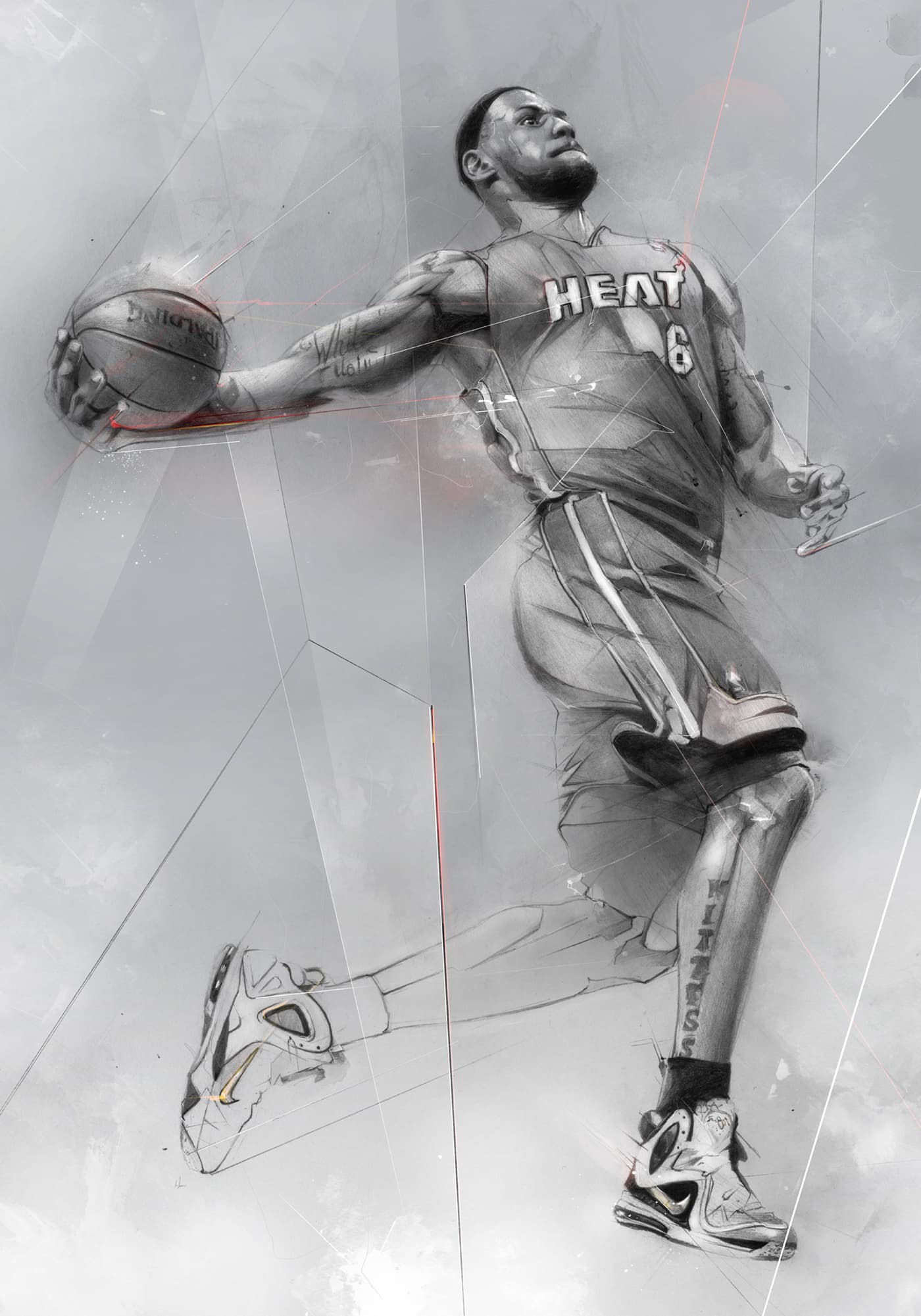 LeBron James in a Miami Heat uniform, leaping with a basketball extended to his side, in a monochromatic illustration featuring abstract textures and fine geometric lines.