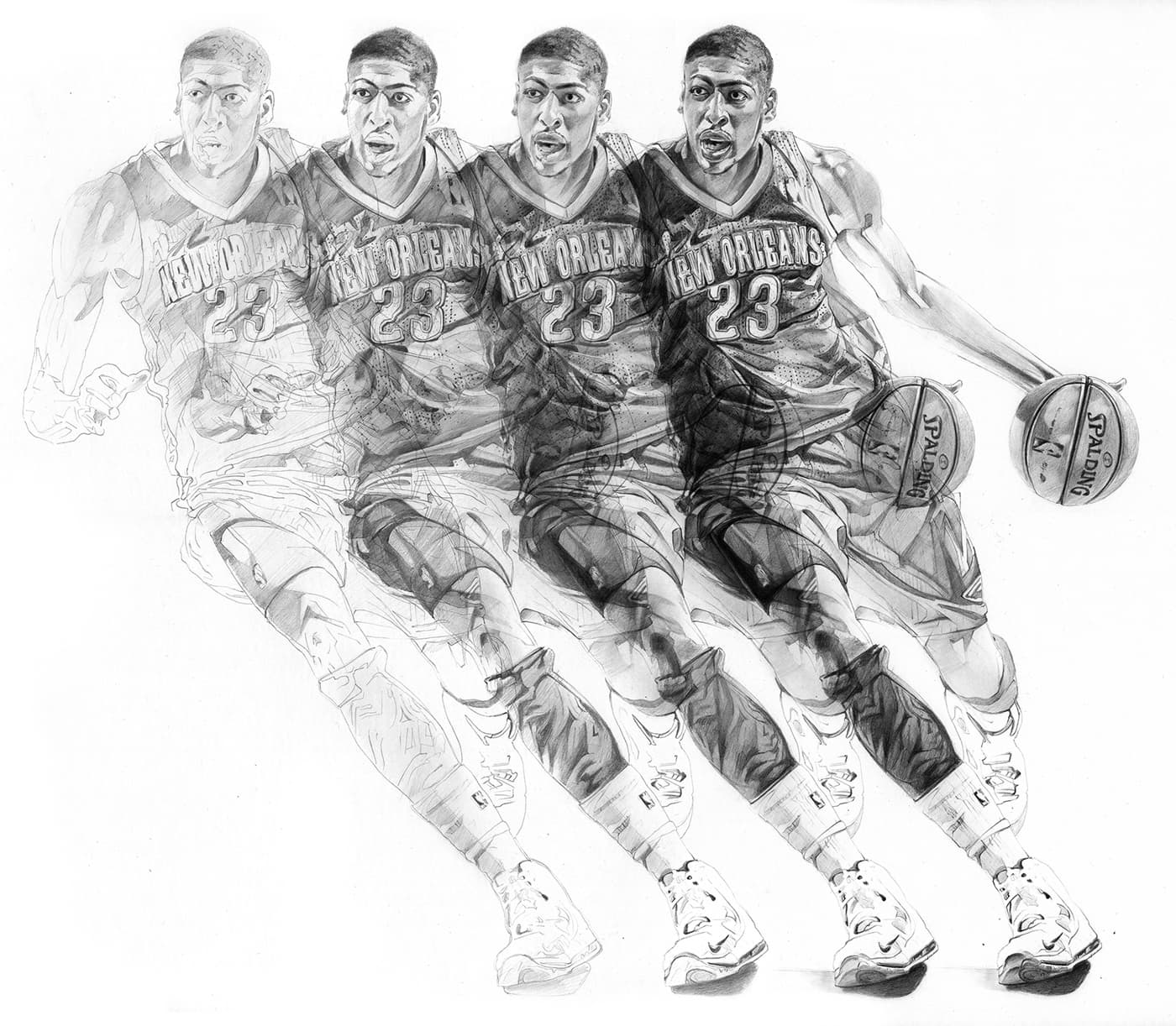 Four progressive pencil drawing stages of Anthony Davis in a New Orleans Pelicans uniform, showing the illustration developing from a light sketch to detailed graphite shading.