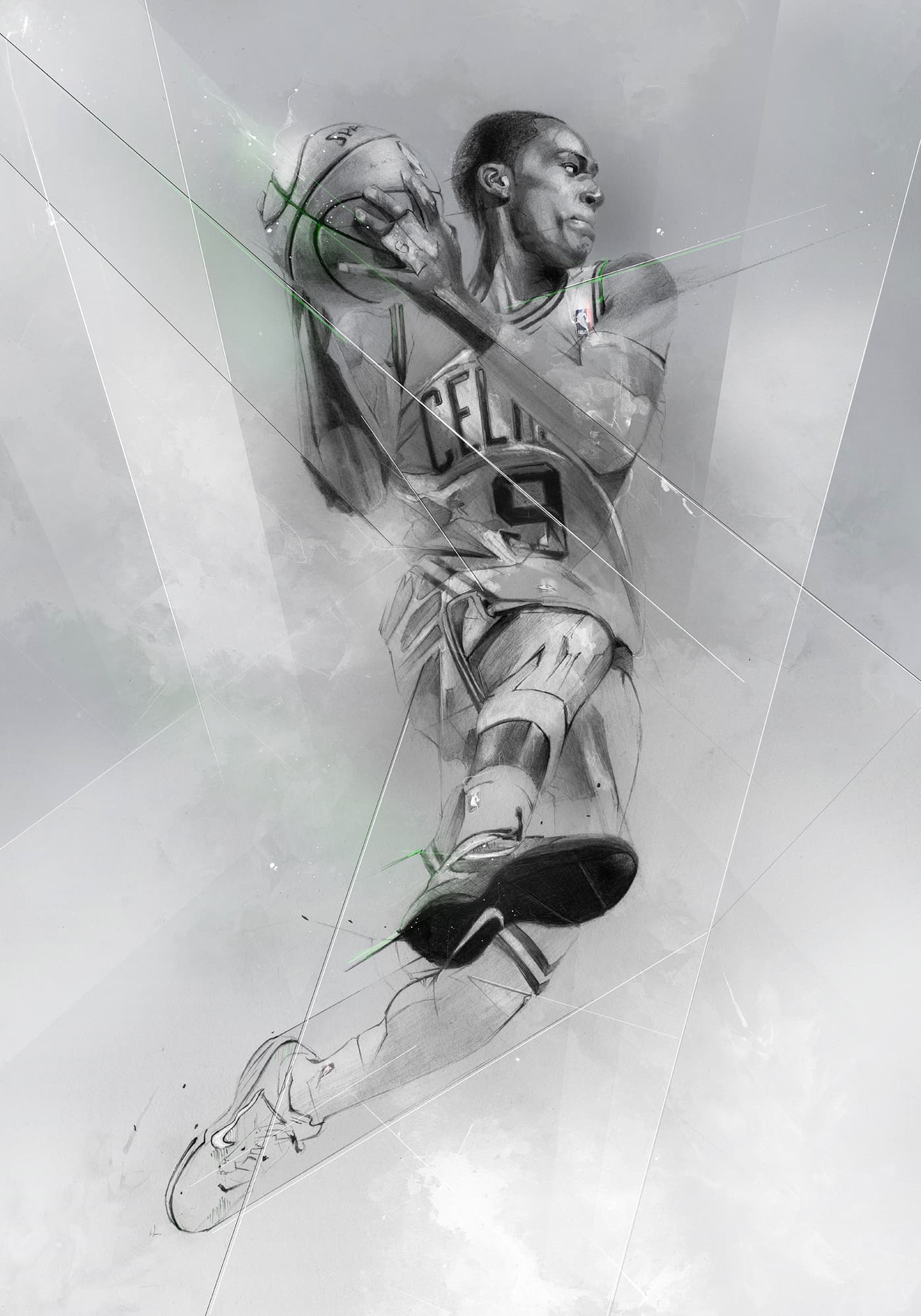 Rajon Rondo in a Boston Celtics uniform, leaping with a basketball held near his shoulder, in a monochromatic illustration with abstract textures and fine geometric lines.