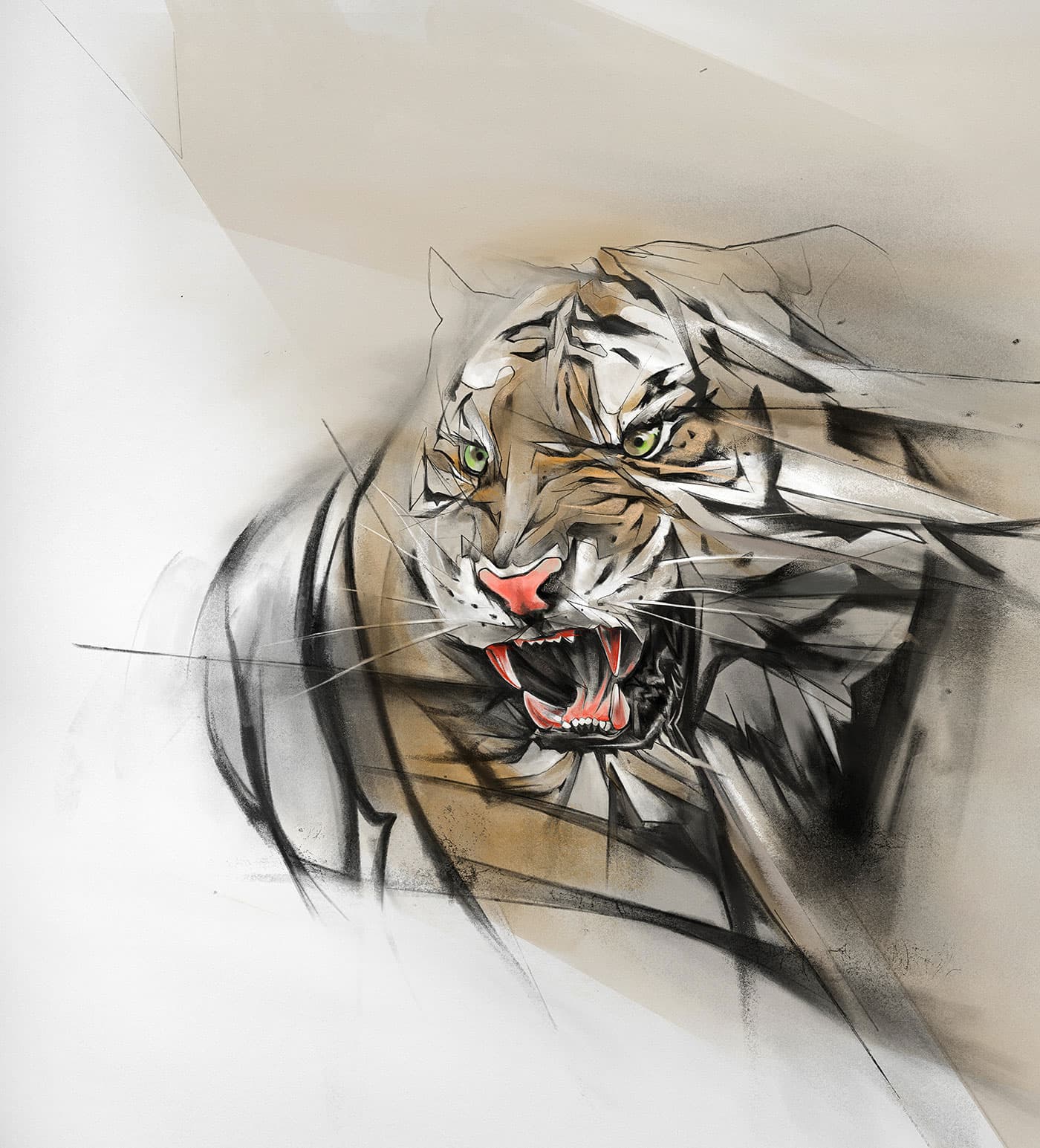 tiger with muted colour, golden tones and wild expression