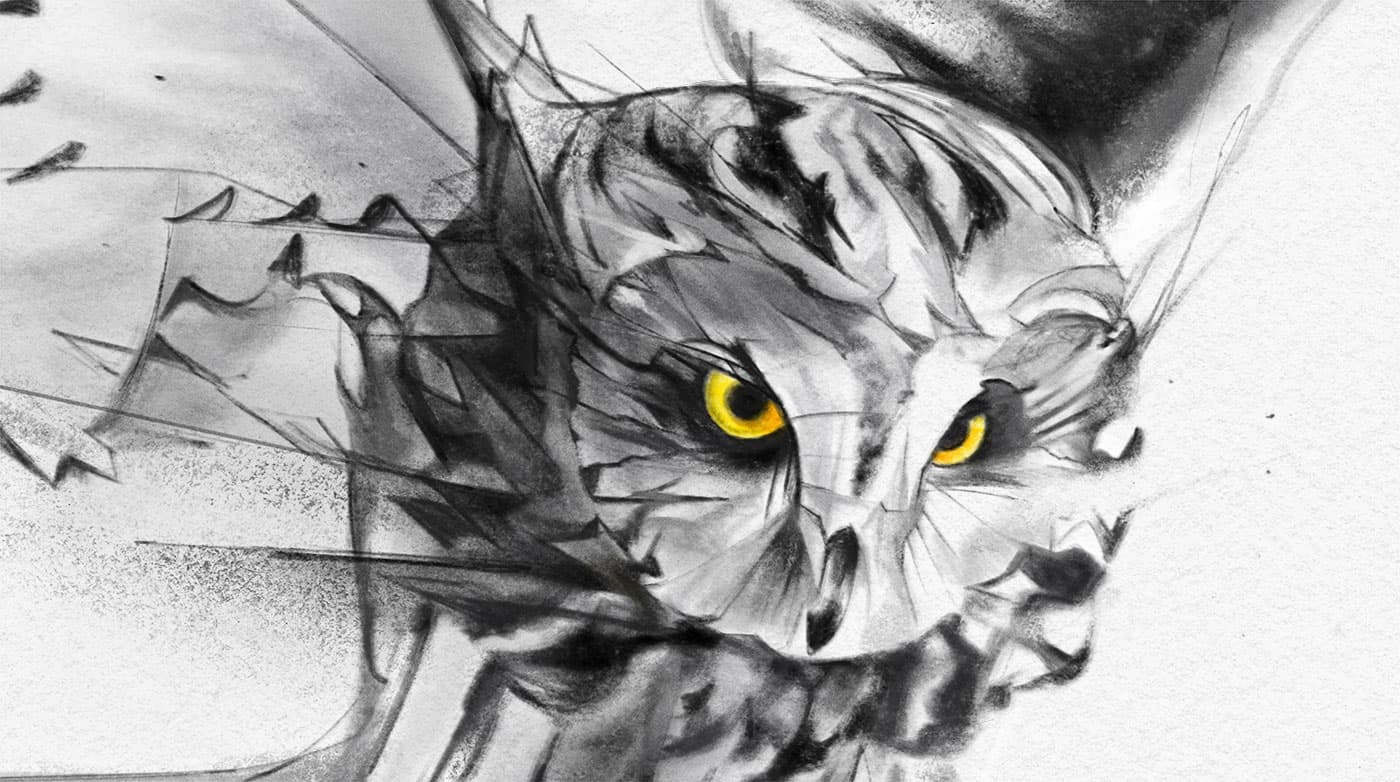Close-up owl face with yellow eyes