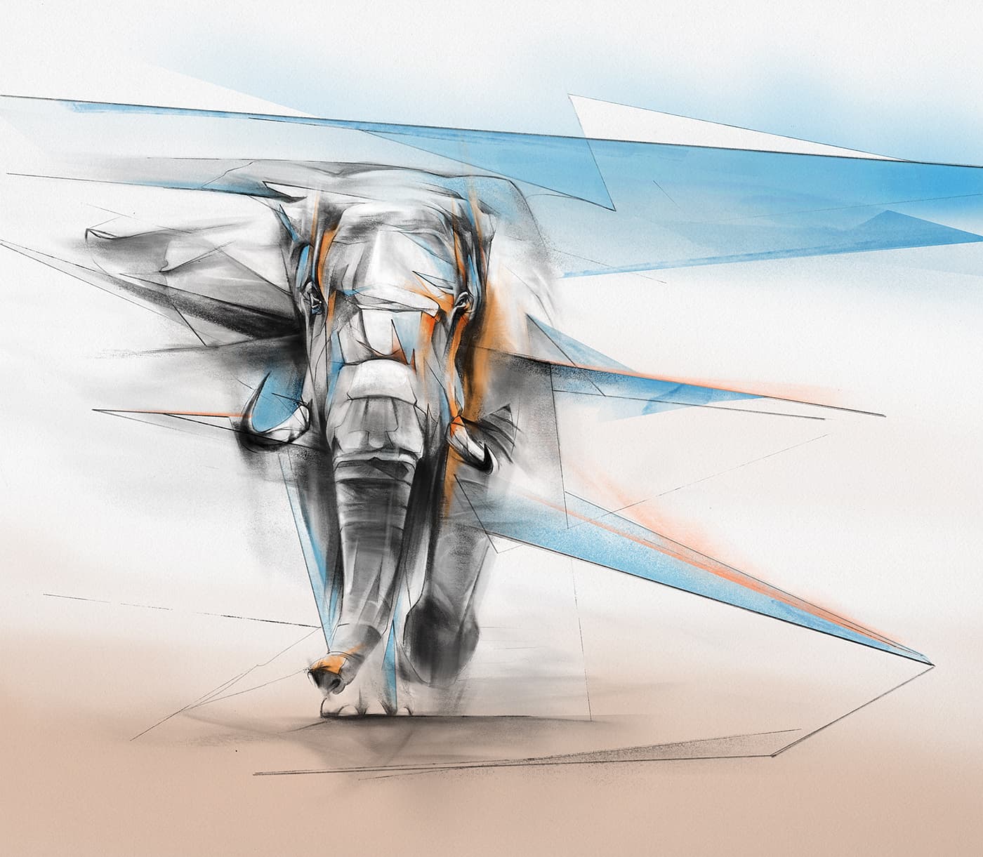 Elephant walking forward with blue accents