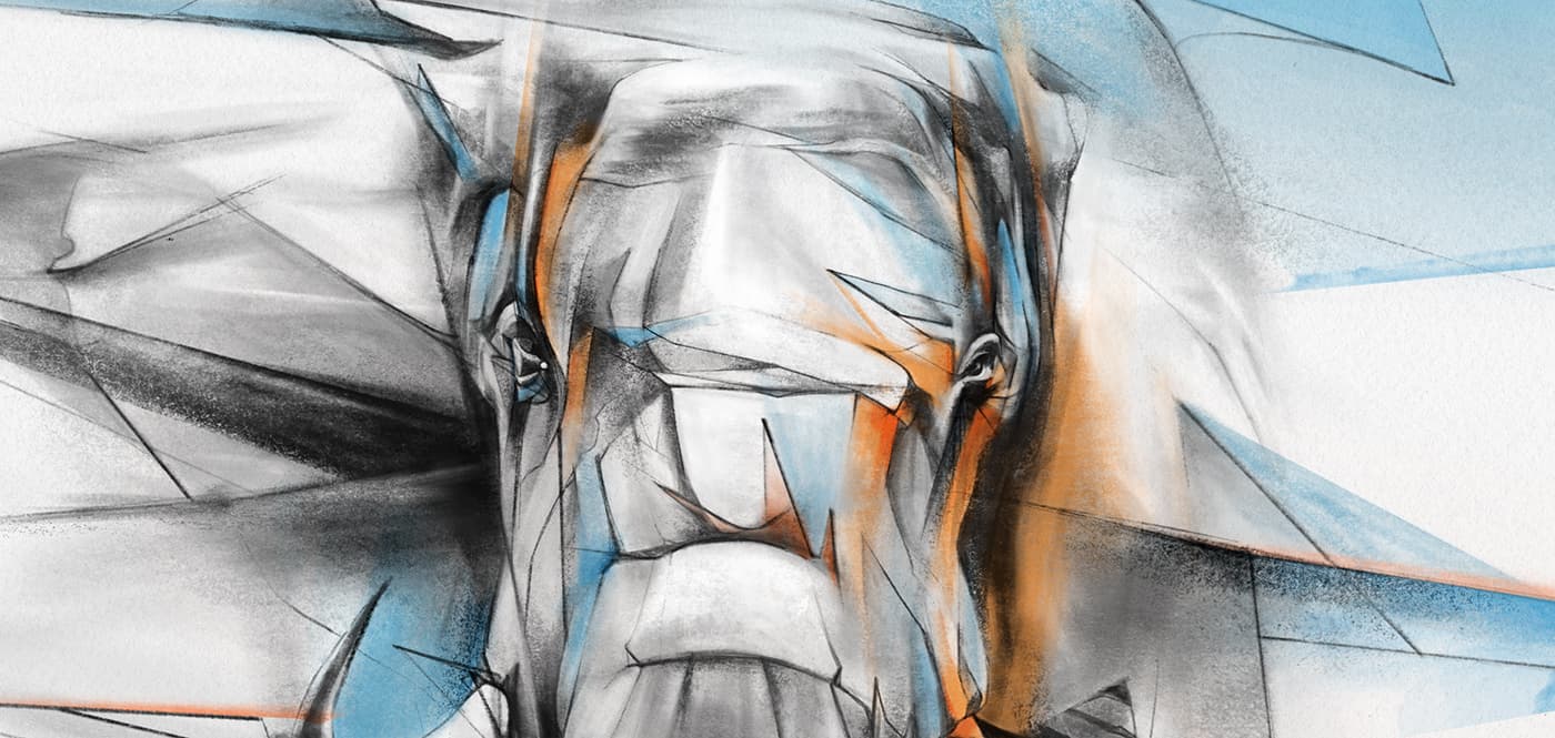 Elephant face with blue and orange linework