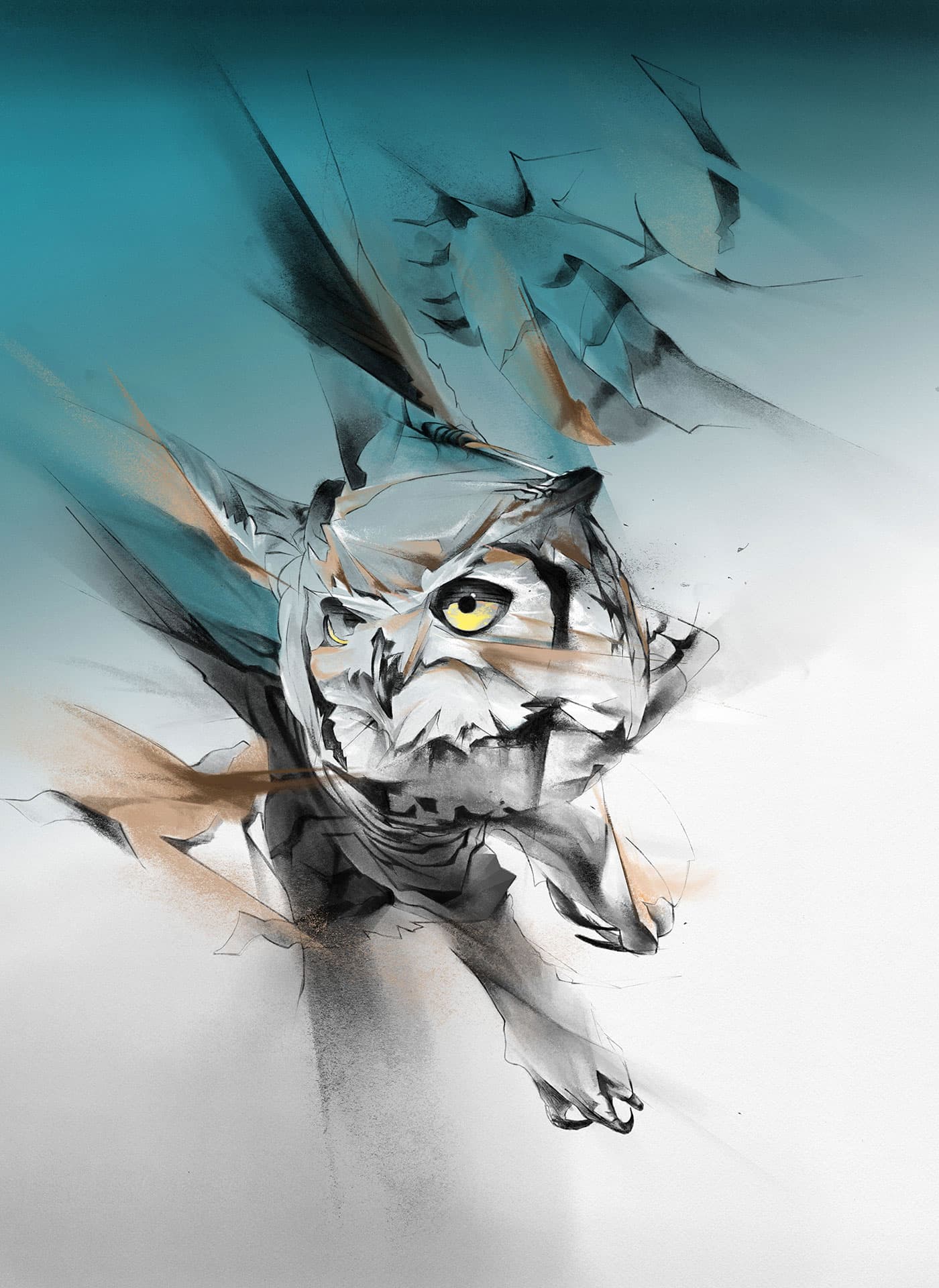 Owl in motion with muted blue colour