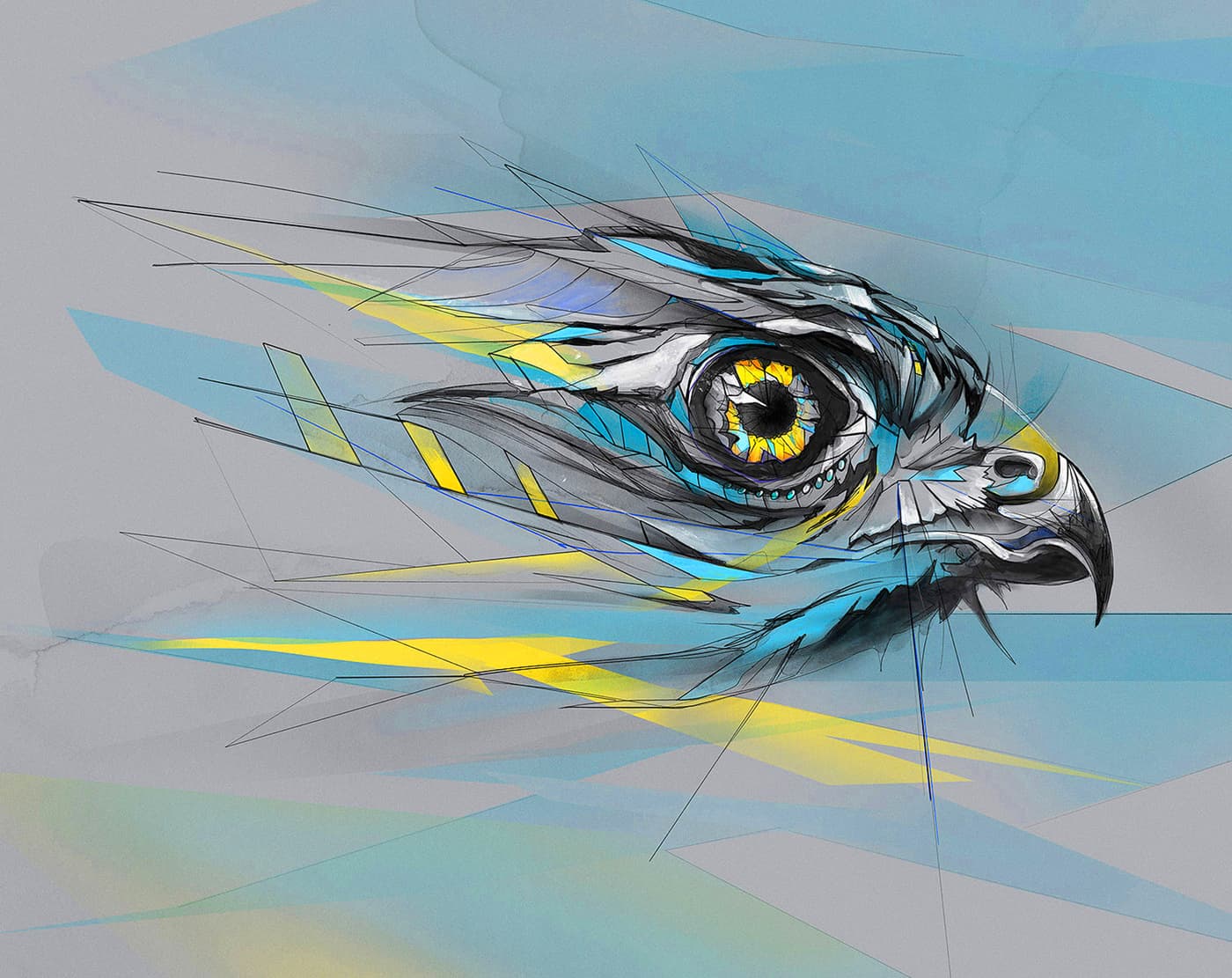 Abstract bird head with blue and yellow linework