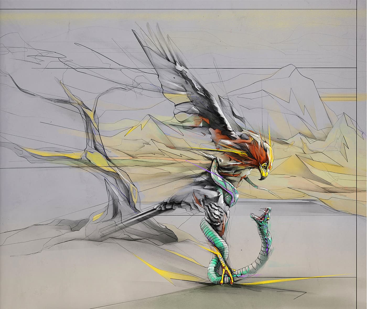 Bird attacking snake in abstract composition